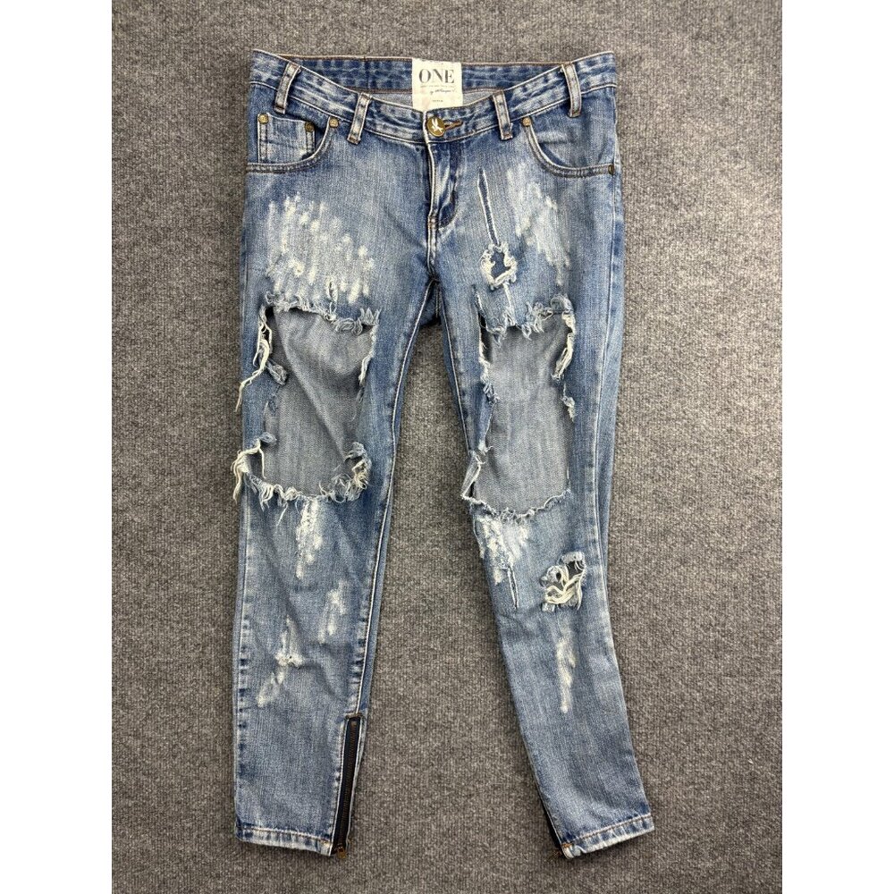 One Teaspoon Jeans Womens 29 Blue Distressed Ripped Denim Zipper Ankle Casual‎